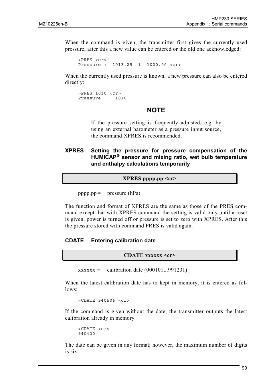 Cdate entering calibration date, Temporarily | Vaisala HMP230 User Manual | Page 105 / 163