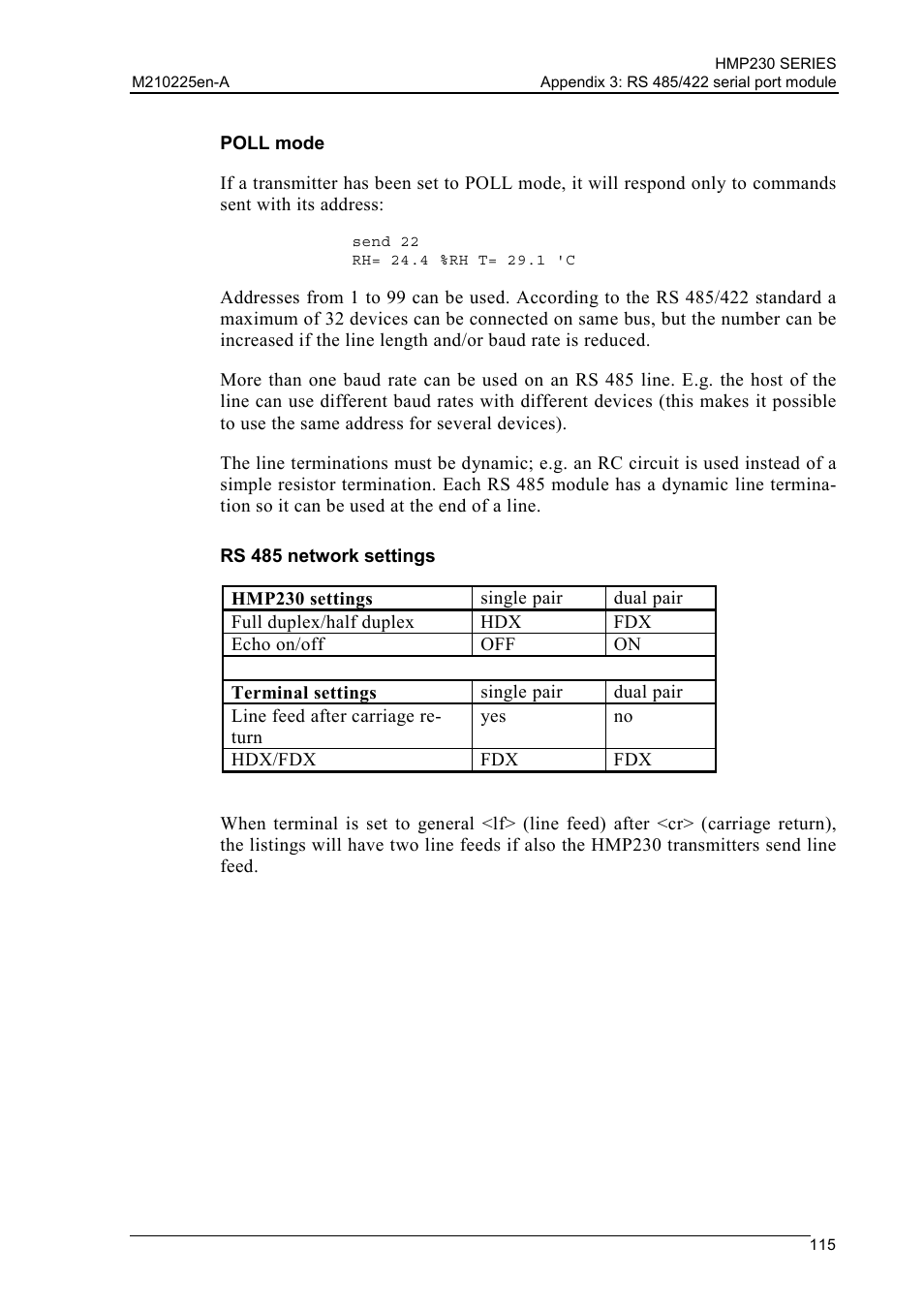 Poll mode, Rs 485 network settings | Vaisala HMP230 User Manual | Page 121 / 163