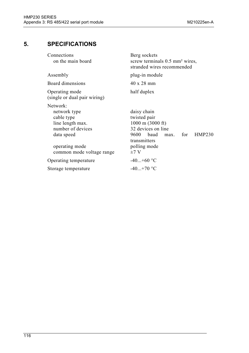 Specifications | Vaisala HMP230 User Manual | Page 122 / 163