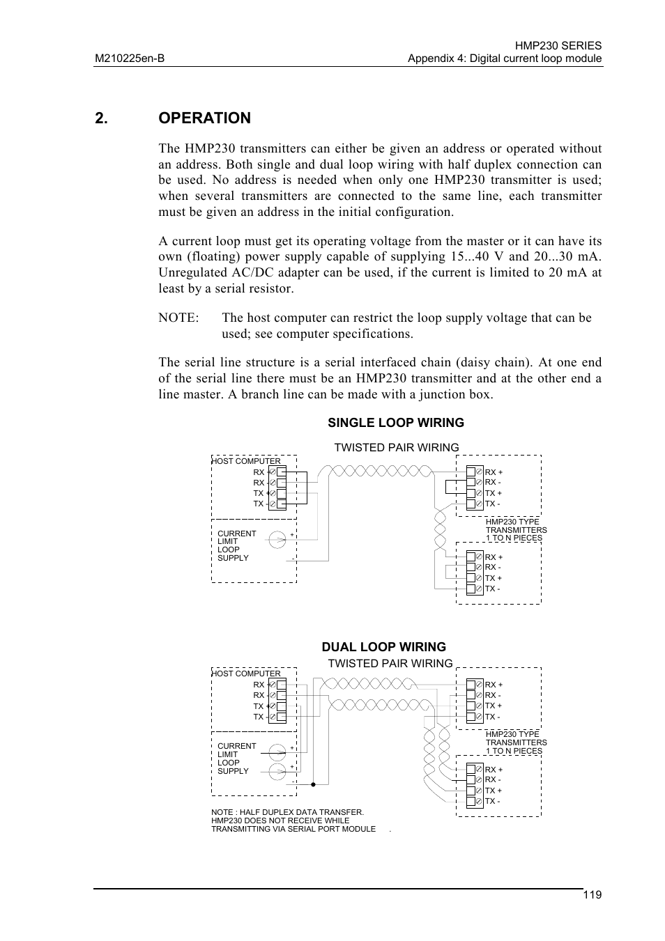 Operation, Single loop wiring, Dual loop wiring | Vaisala HMP230 User Manual | Page 125 / 163