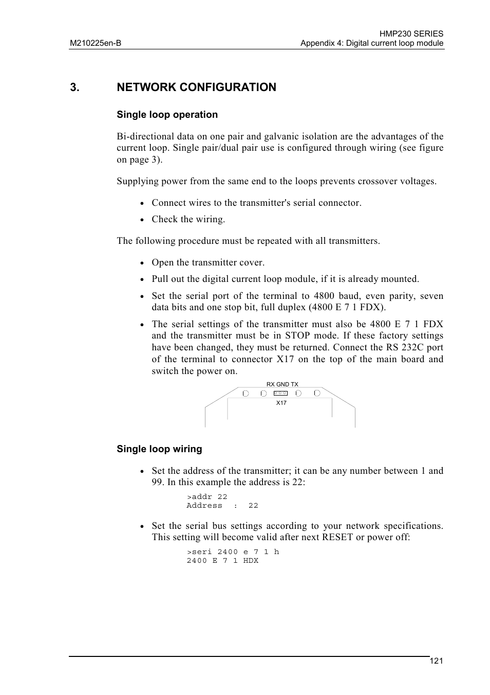 Network configuration, Single loop operation, Single loop wiring | Vaisala HMP230 User Manual | Page 127 / 163