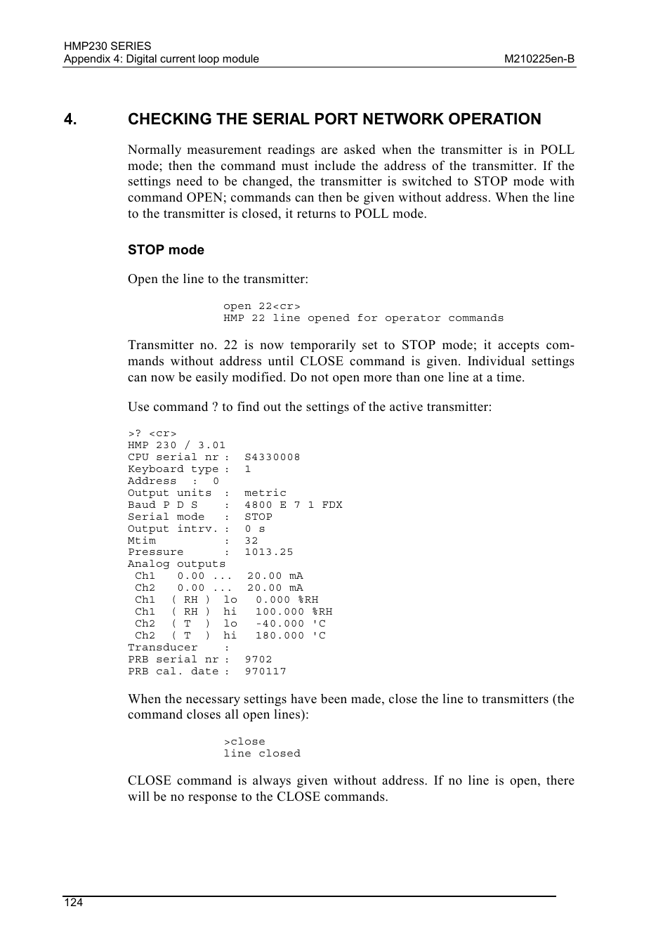 Checking the serial port network operation, Stop mode | Vaisala HMP230 User Manual | Page 130 / 163