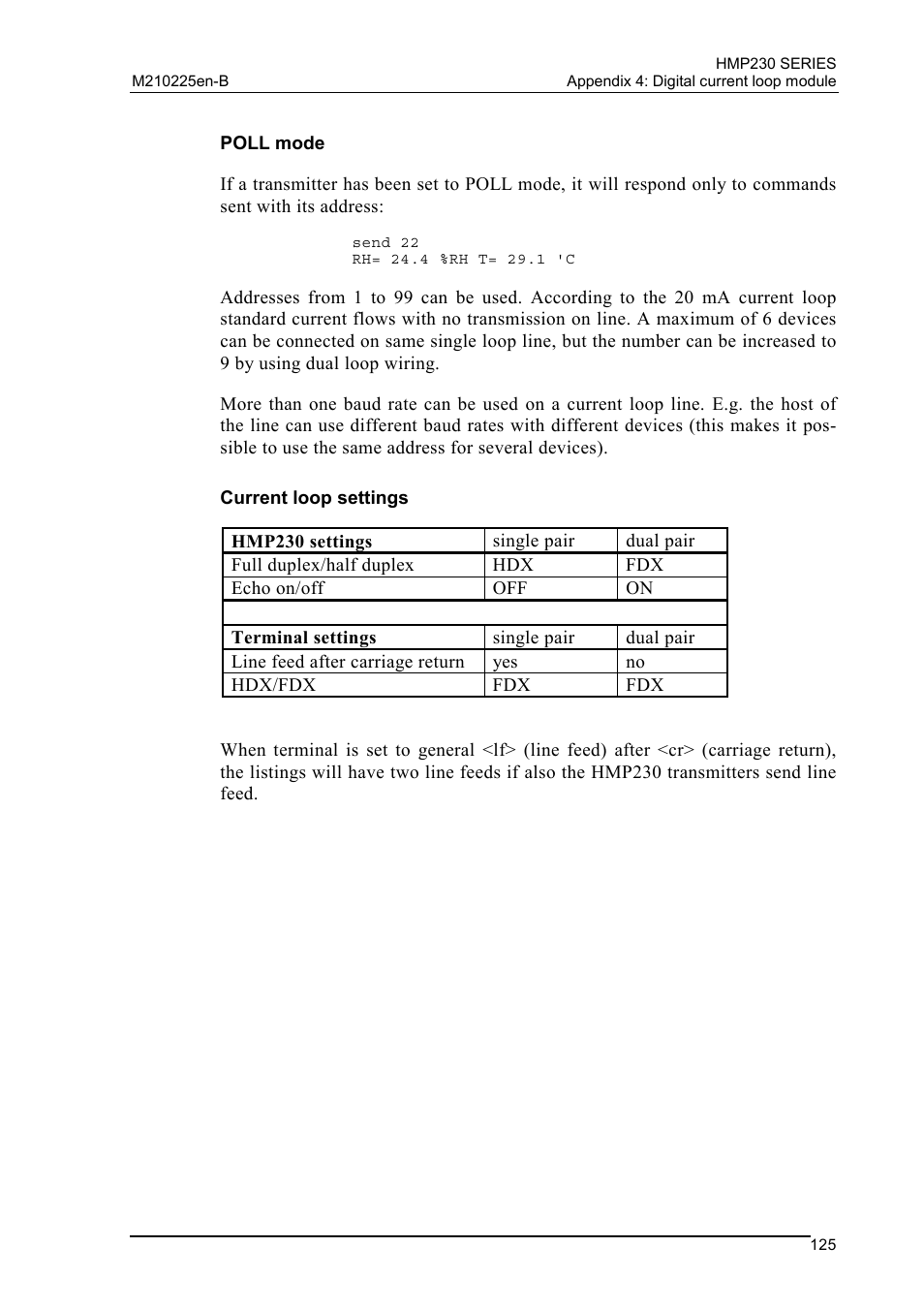 Poll mode, Current loop settings | Vaisala HMP230 User Manual | Page 131 / 163