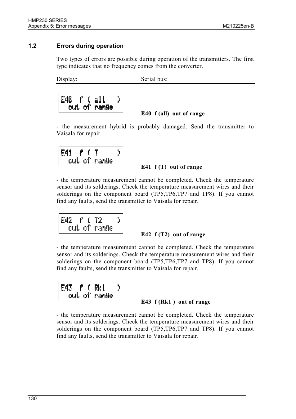 2 errors during operation, Errors during operation | Vaisala HMP230 User Manual | Page 136 / 163