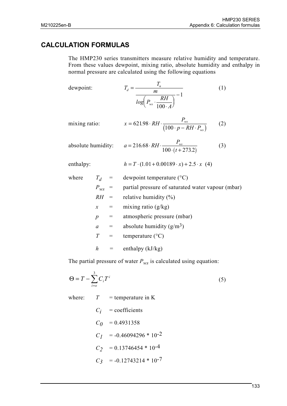 Calculation formulas | Vaisala HMP230 User Manual | Page 139 / 163