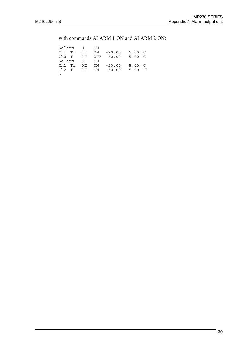 With commands alarm 1 on and alarm 2 on | Vaisala HMP230 User Manual | Page 145 / 163