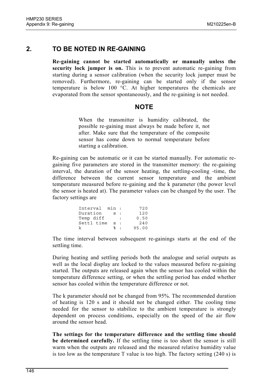 To be noted in re-gaining | Vaisala HMP230 User Manual | Page 152 / 163