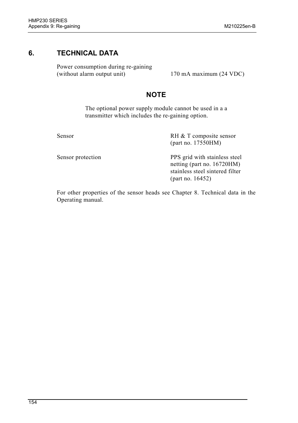 Technical data, Technical, Data | Vaisala HMP230 User Manual | Page 160 / 163