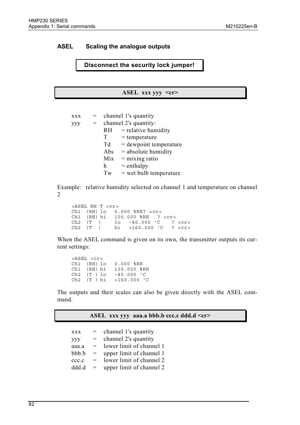 Asel scaling the analogue outputs, Asel, Scaling the analogue outputs | Vaisala HMP230 User Manual | Page 88 / 163