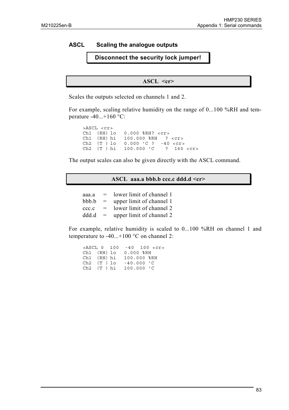 Ascl scaling the analogue outputs, Ascl, Scaling the analogue outputs | Vaisala HMP230 User Manual | Page 89 / 163