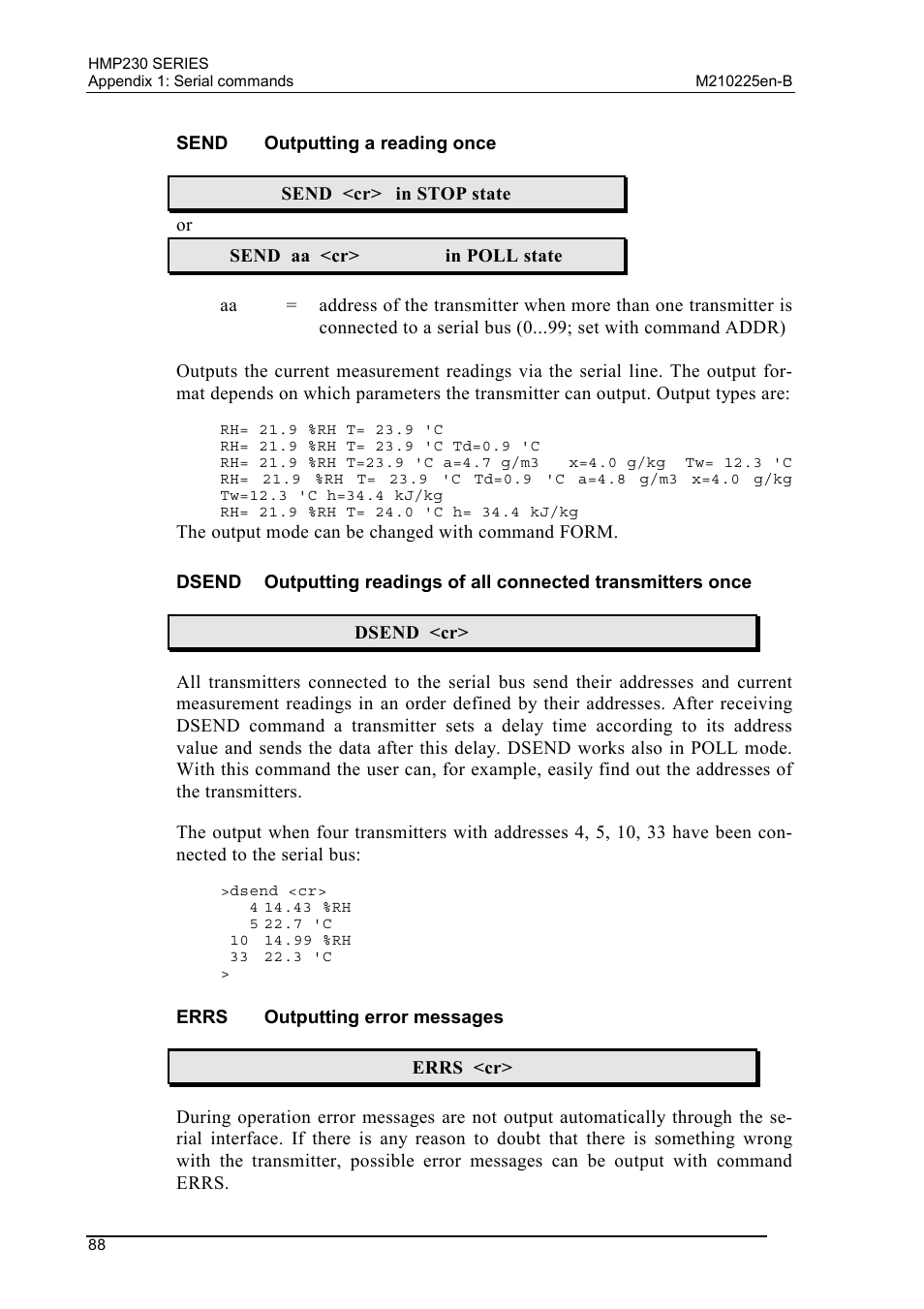 Send outputting a reading once, Errs outputting error messages, Send | Outputting a reading once, Outputting error messages | Vaisala HMP230 User Manual | Page 94 / 163