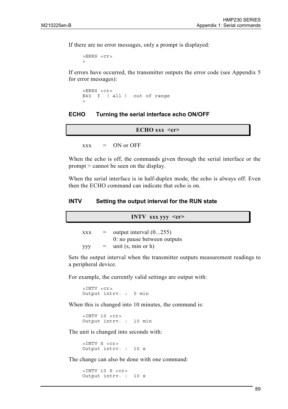 Echo turning the serial interface echo on/off, Intv setting the output interval for the run state, Echo | Turning the serial interface echo on/off, Intv, Setting the output interval for the run state | Vaisala HMP230 User Manual | Page 95 / 163