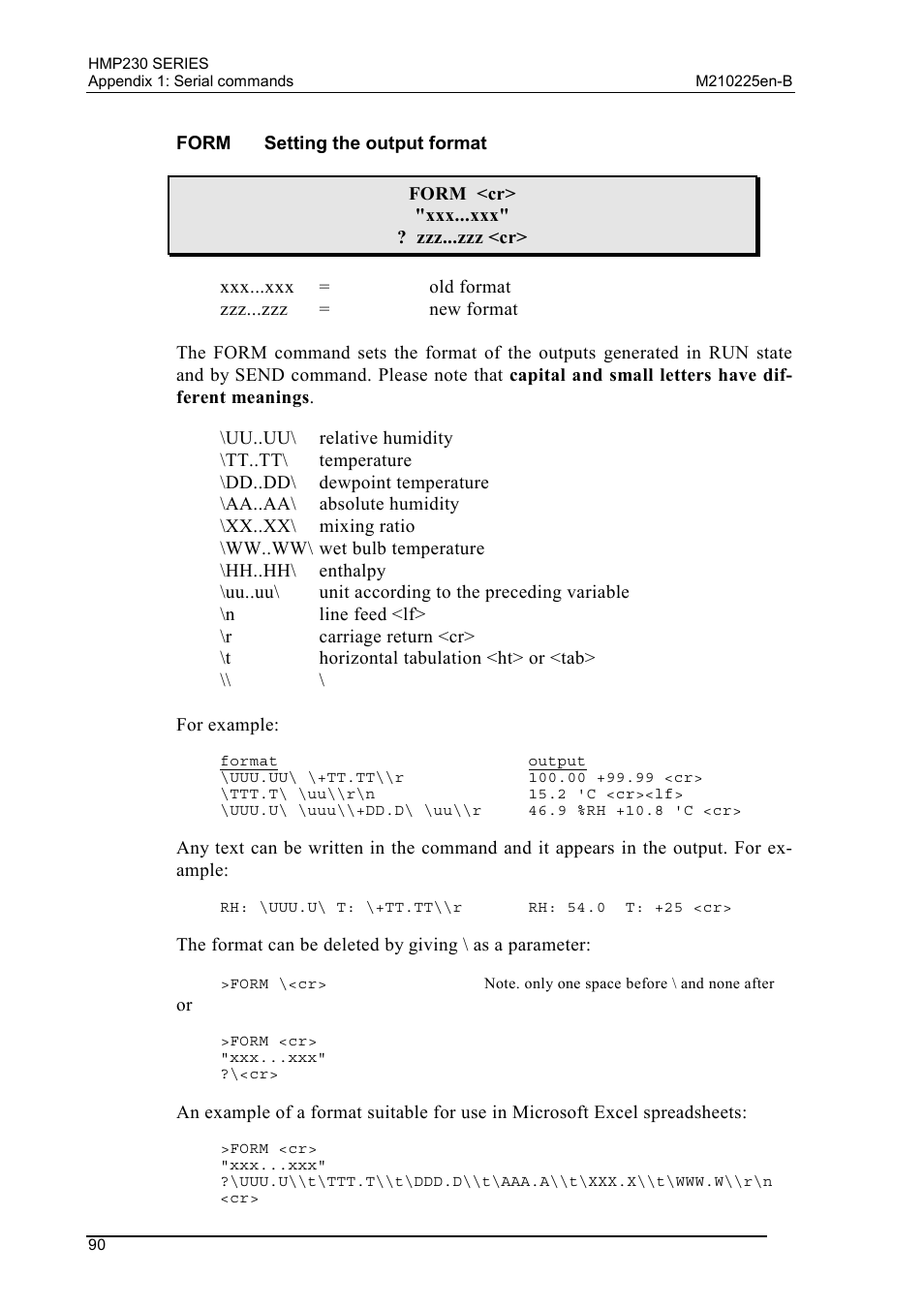 Form setting the output format, Form, Setting the output format | Vaisala HMP230 User Manual | Page 96 / 163