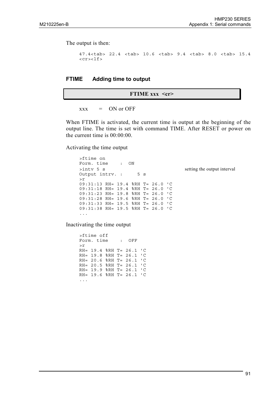 Ftime adding time to output, Ftime, Adding time to output | Vaisala HMP230 User Manual | Page 97 / 163