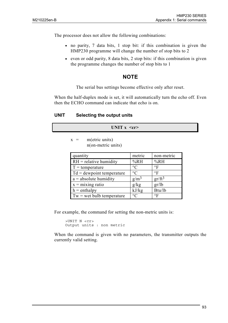 Unit selecting the output units, Unit, Selecting the output units | Vaisala HMP230 User Manual | Page 99 / 163