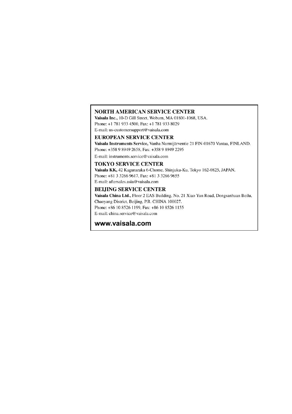 Vaisala service centers | Vaisala HMT100 User Manual | Page 43 / 52