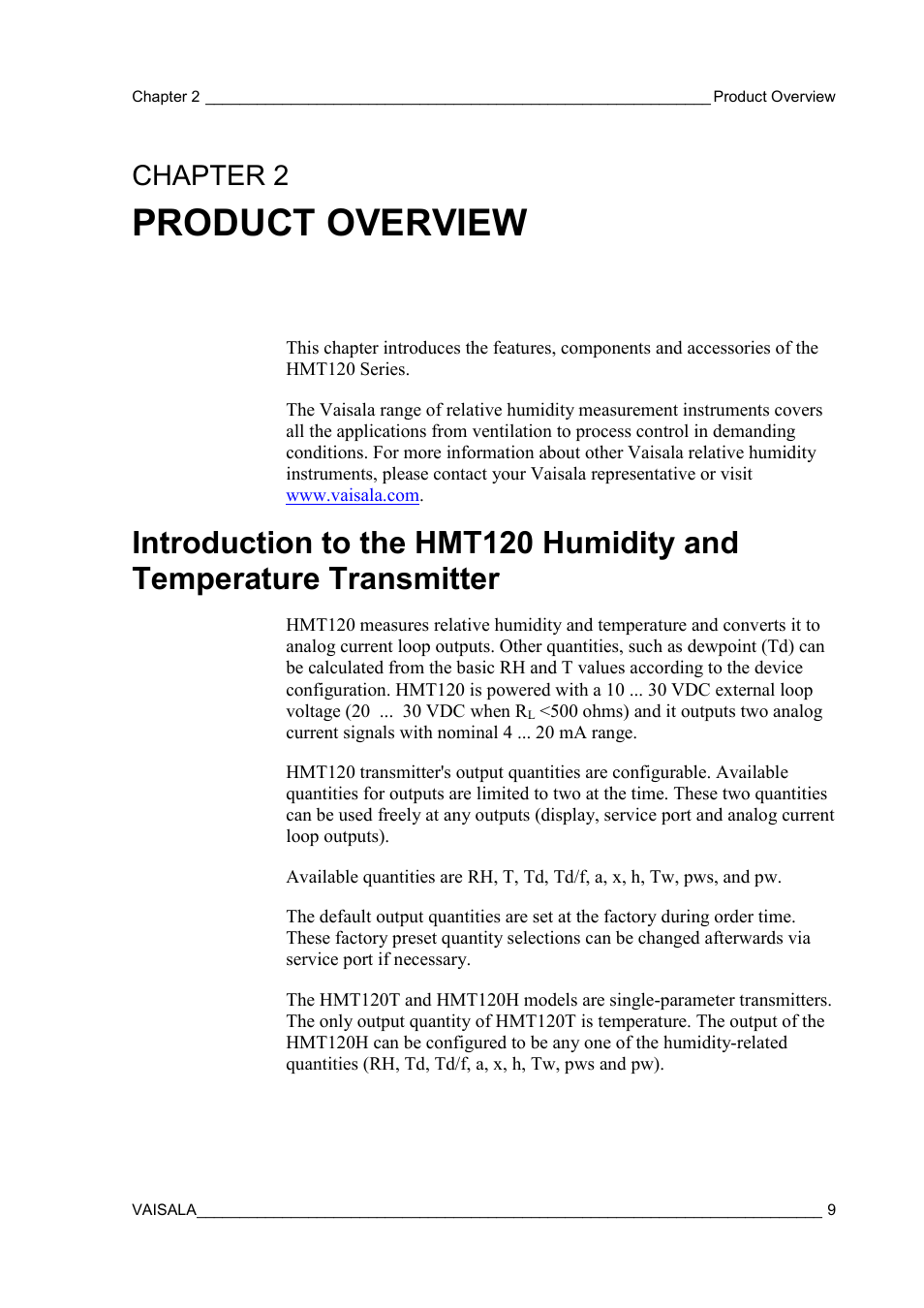 Product overview, Chapter 2, Transmitter | Chapter 2, product overview | Vaisala HMT120 User Manual | Page 11 / 87