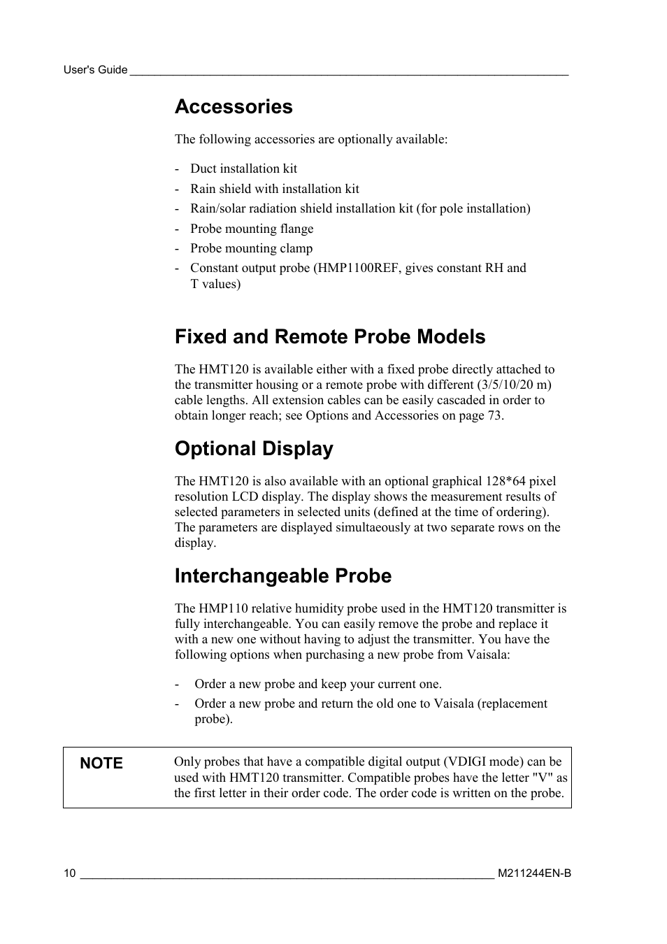 Accessories, Fixed and remote probe models, Optional display | Interchangeable probe | Vaisala HMT120 User Manual | Page 12 / 87