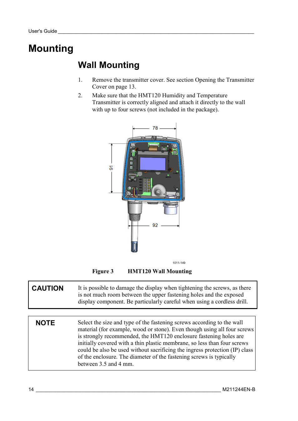 Mounting, Wall mounting, Figure 3 | Hmt120 wall mounting | Vaisala HMT120 User Manual | Page 16 / 87