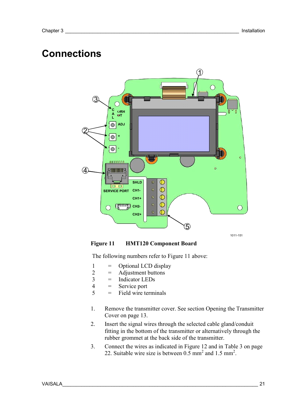 Connections, Figure 11, Hmt120 component board | Vaisala HMT120 User Manual | Page 23 / 87