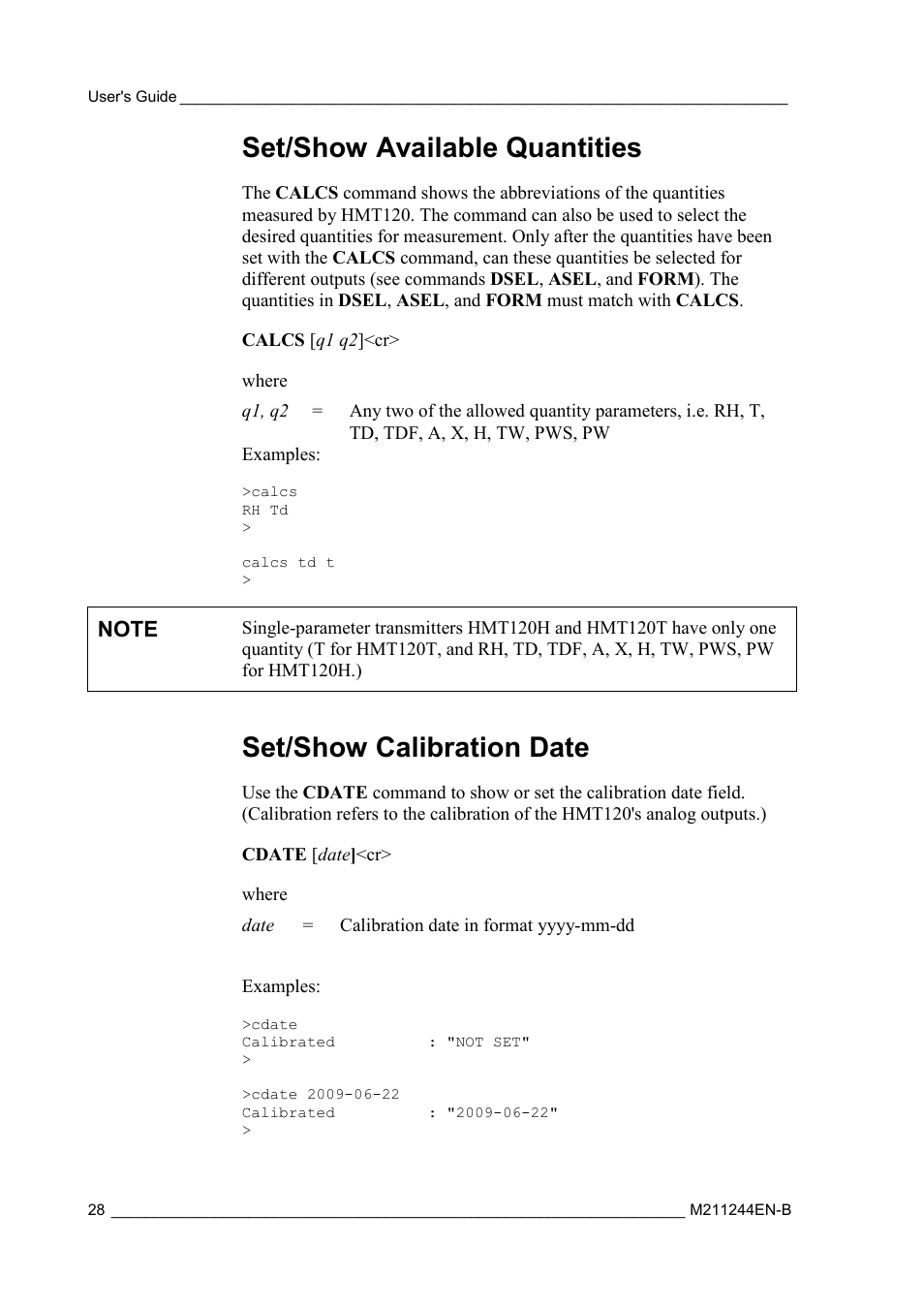 Set/show available quantities, Set/show calibration date | Vaisala HMT120 User Manual | Page 30 / 87