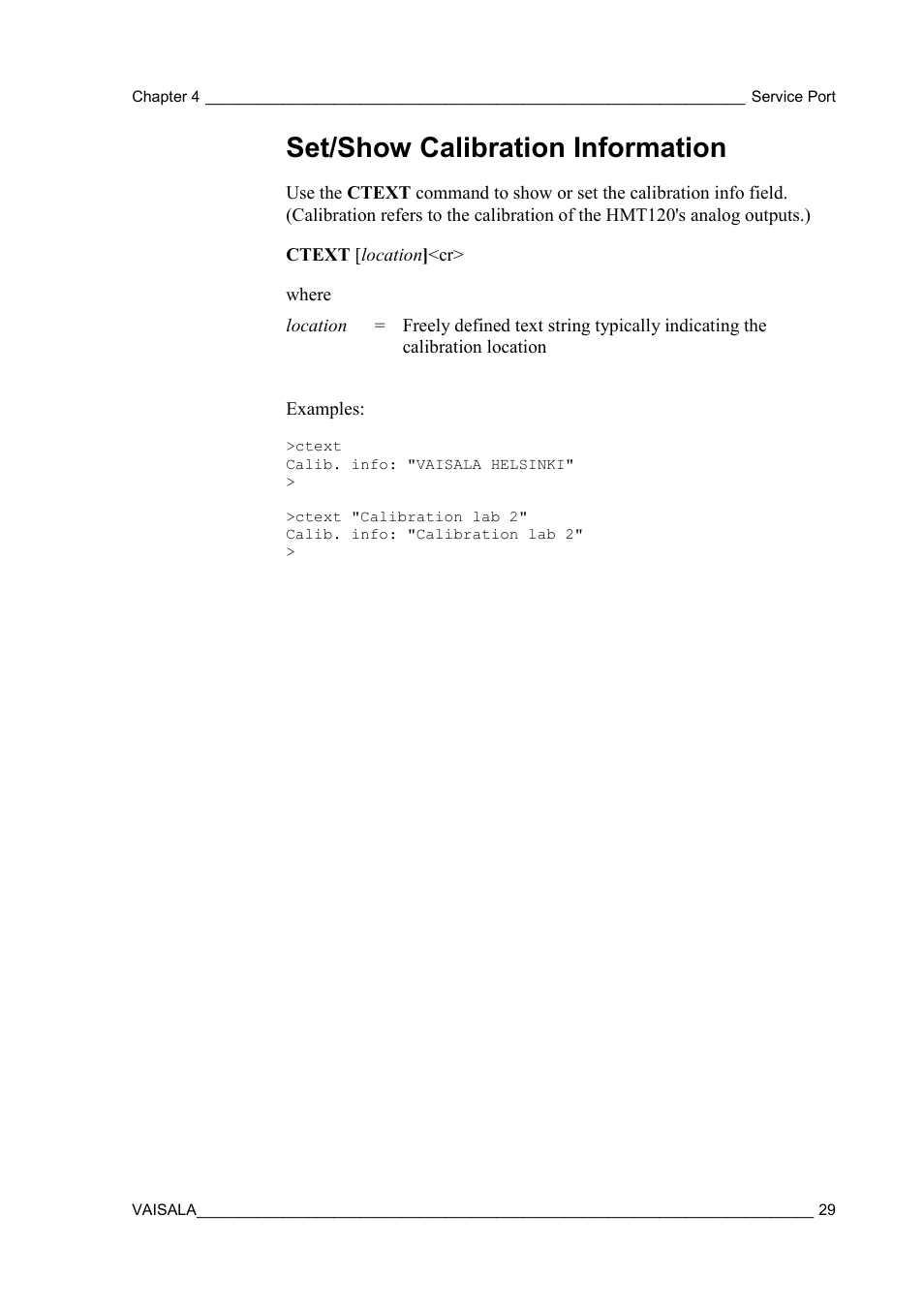 Set/show calibration information | Vaisala HMT120 User Manual | Page 31 / 87