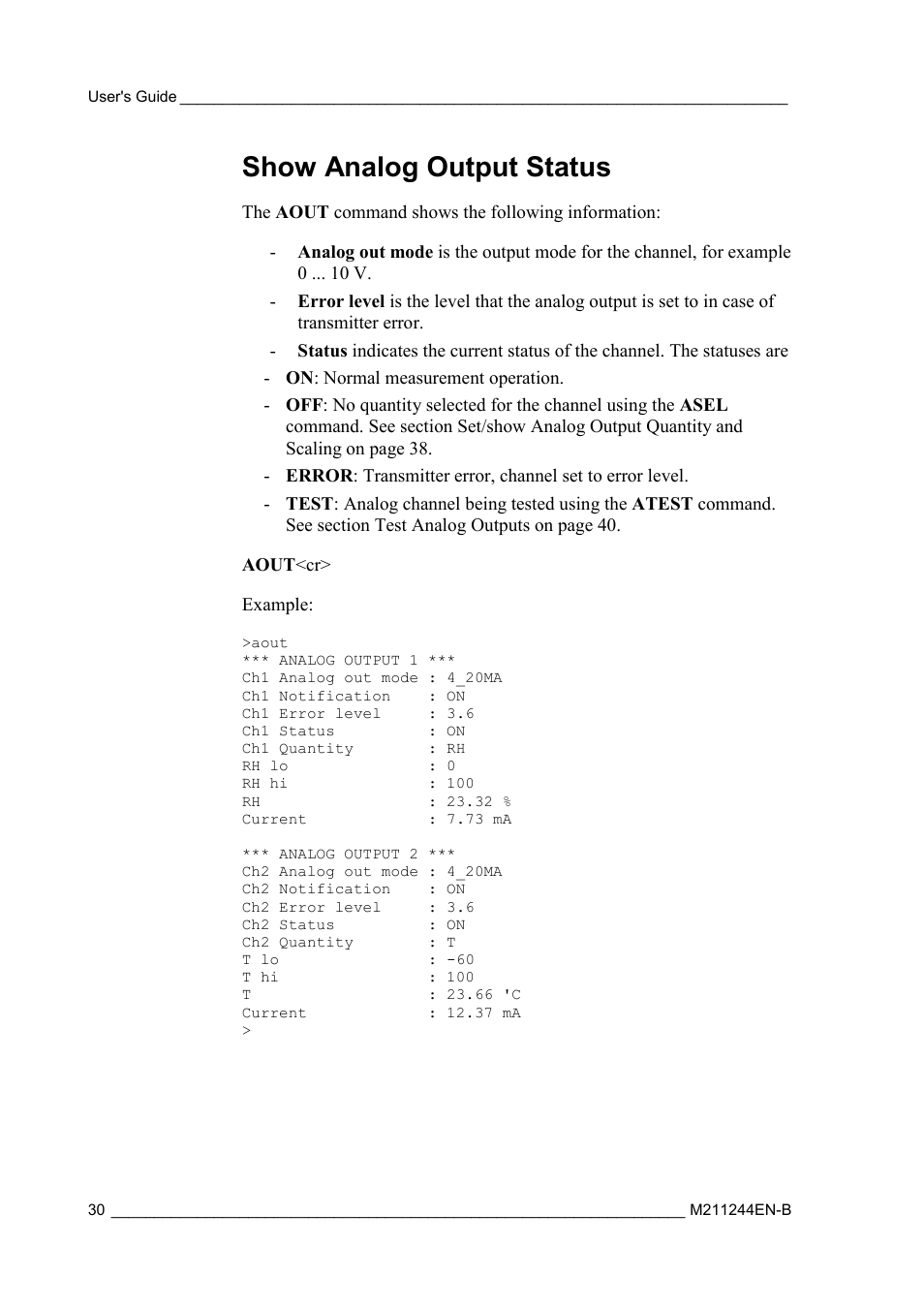 Show analog output status | Vaisala HMT120 User Manual | Page 32 / 87