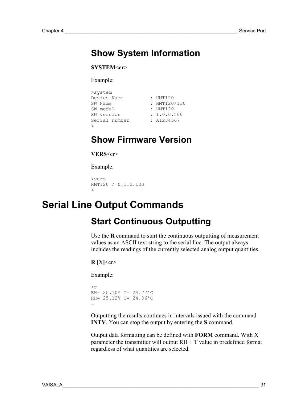 Show system information, Show firmware version, Serial line output commands | Start continuous outputting | Vaisala HMT120 User Manual | Page 33 / 87