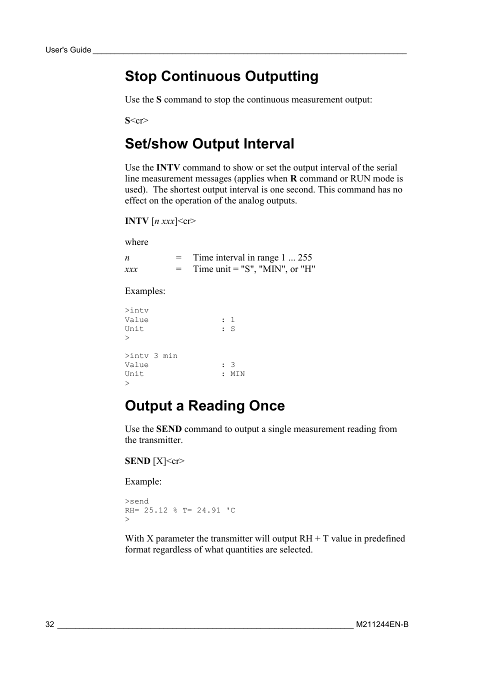 Stop continuous outputting, Set/show output interval, Output a reading once | Vaisala HMT120 User Manual | Page 34 / 87