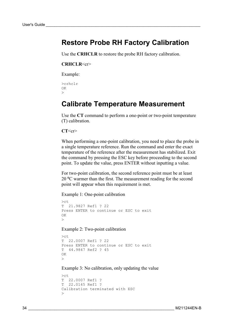 Restore probe rh factory calibration, Calibrate temperature measurement | Vaisala HMT120 User Manual | Page 36 / 87