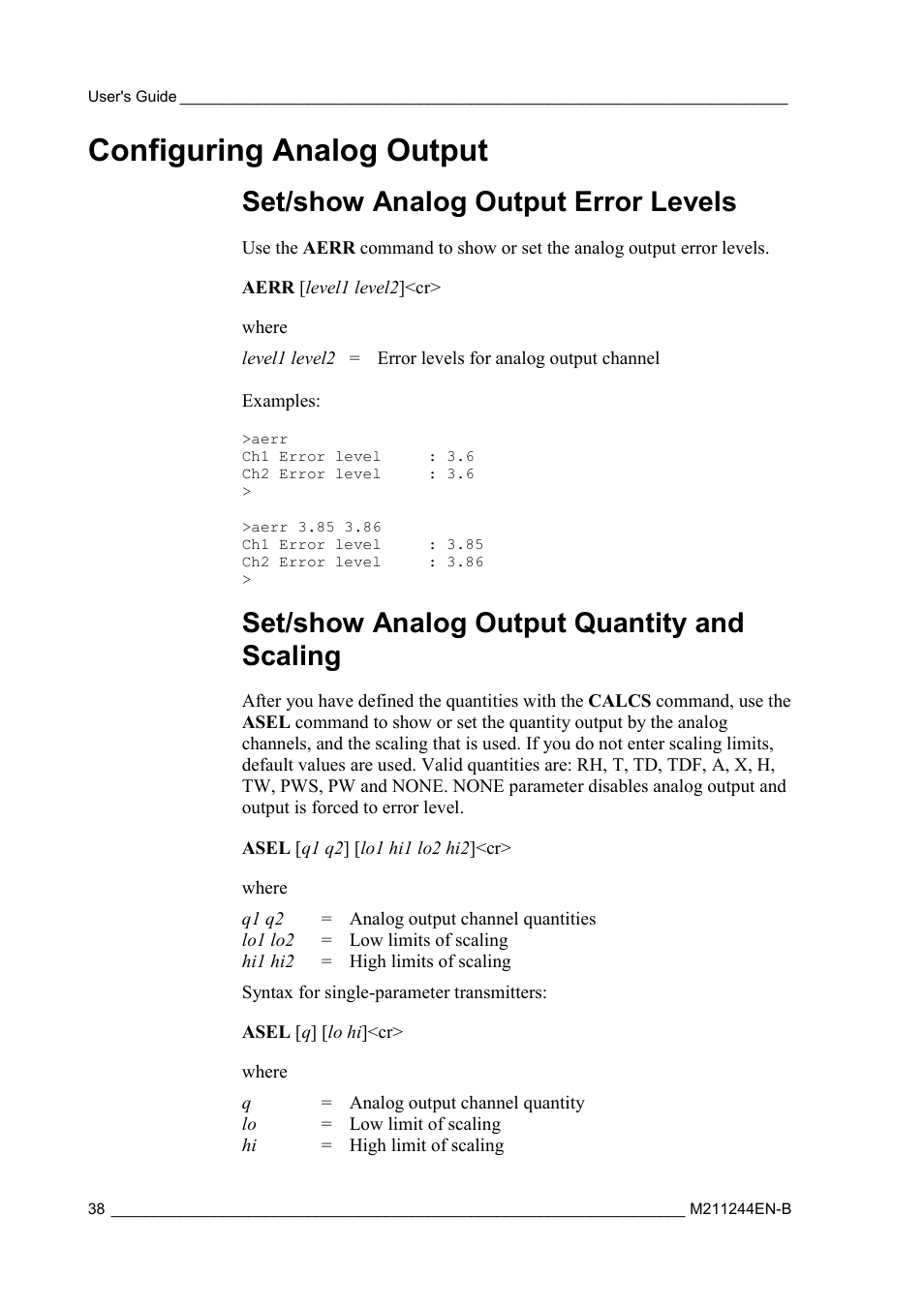 Configuring analog output, Set/show analog output error levels, Set/show analog output quantity and scaling | Set/show analog output quantity and, Scaling | Vaisala HMT120 User Manual | Page 40 / 87
