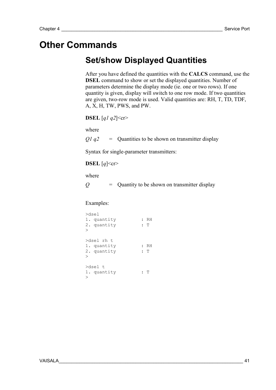 Other commands, Set/show displayed quantities | Vaisala HMT120 User Manual | Page 43 / 87