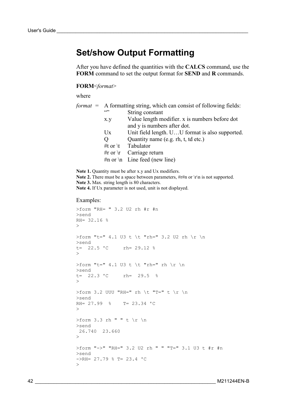 Set/show output formatting | Vaisala HMT120 User Manual | Page 44 / 87