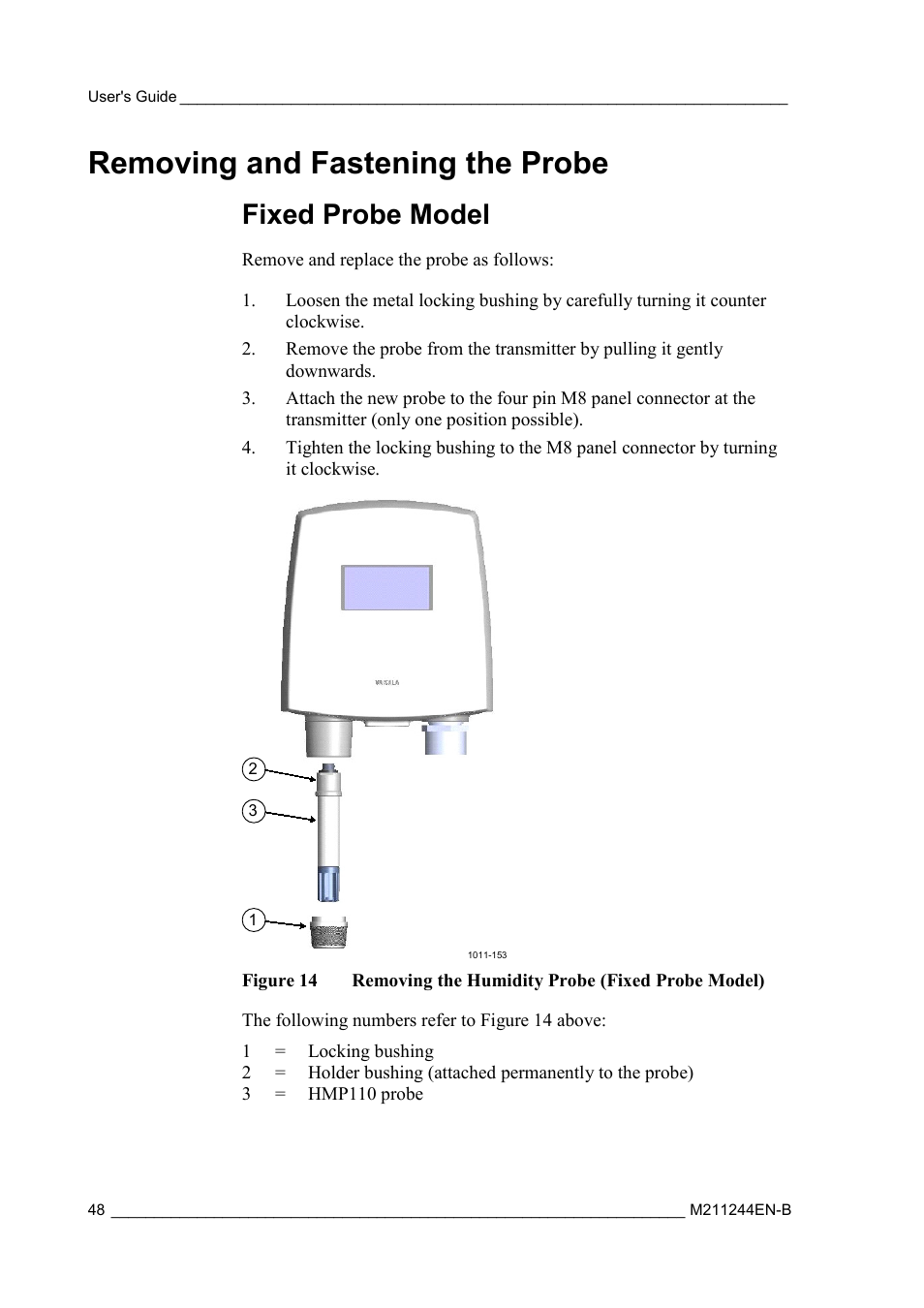 Removing and fastening the probe, Fixed probe model, Figure 14 | Removing the humidity probe (fixed probe model) | Vaisala HMT120 User Manual | Page 50 / 87