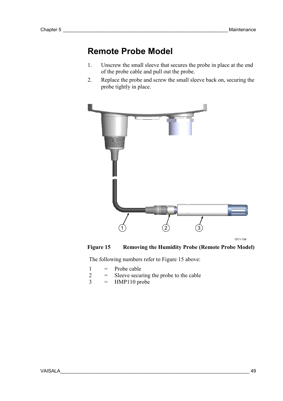 Remote probe model, Figure 15, Removing the humidity probe (remote probe model) | Vaisala HMT120 User Manual | Page 51 / 87