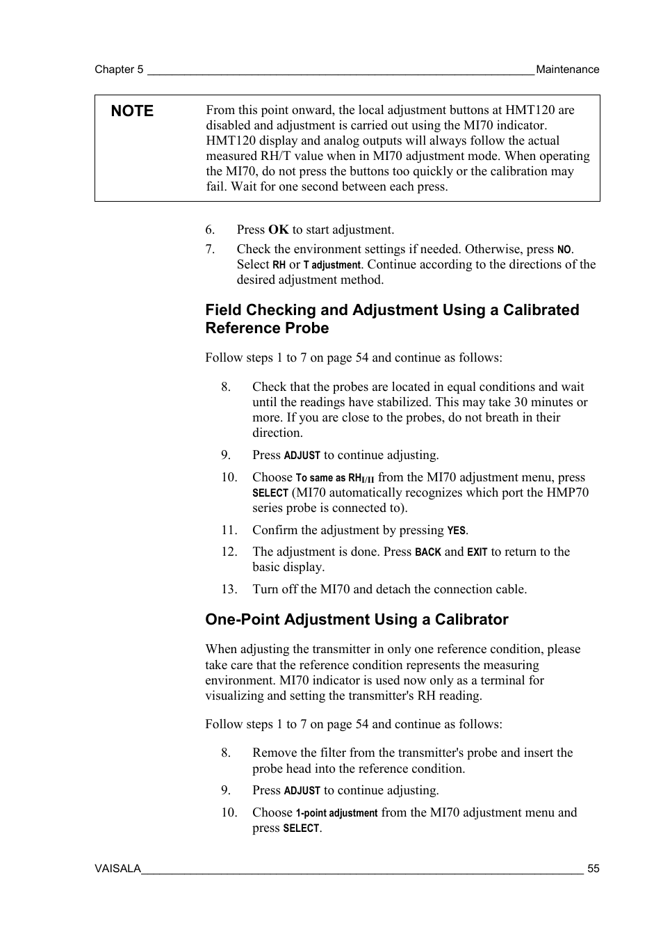 One-point adjustment using a calibrator, Field checking and adjustment using a calibrated, Reference probe | Vaisala HMT120 User Manual | Page 57 / 87