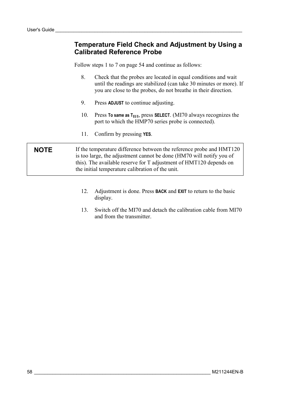 Temperature field check and adjustment by using a, Calibrated reference probe | Vaisala HMT120 User Manual | Page 60 / 87