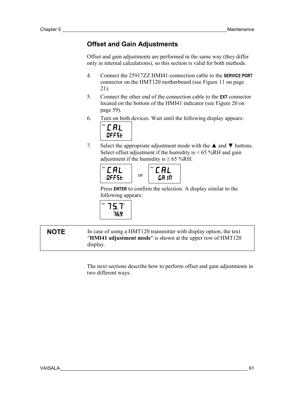 Offset and gain adjustments | Vaisala HMT120 User Manual | Page 63 / 87