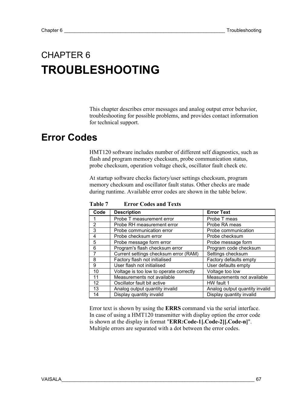 Troubleshooting, Error codes, Chapter 6 | Table 7, Error codes and texts, Chapter 6, troubleshooting | Vaisala HMT120 User Manual | Page 69 / 87