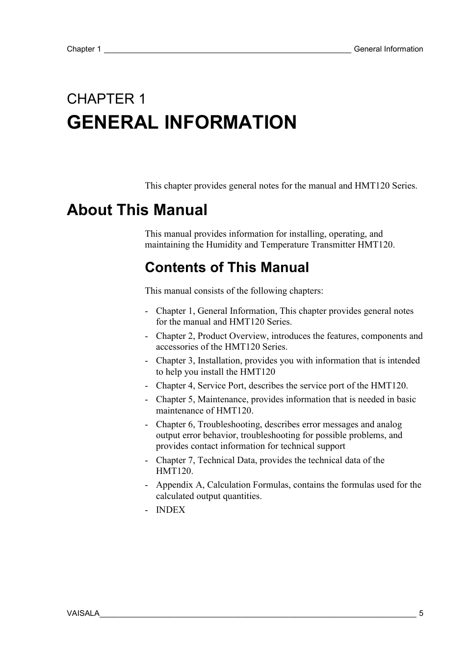 General information, About this manual, Contents of this manual | Chapter 1 | Vaisala HMT120 User Manual | Page 7 / 87