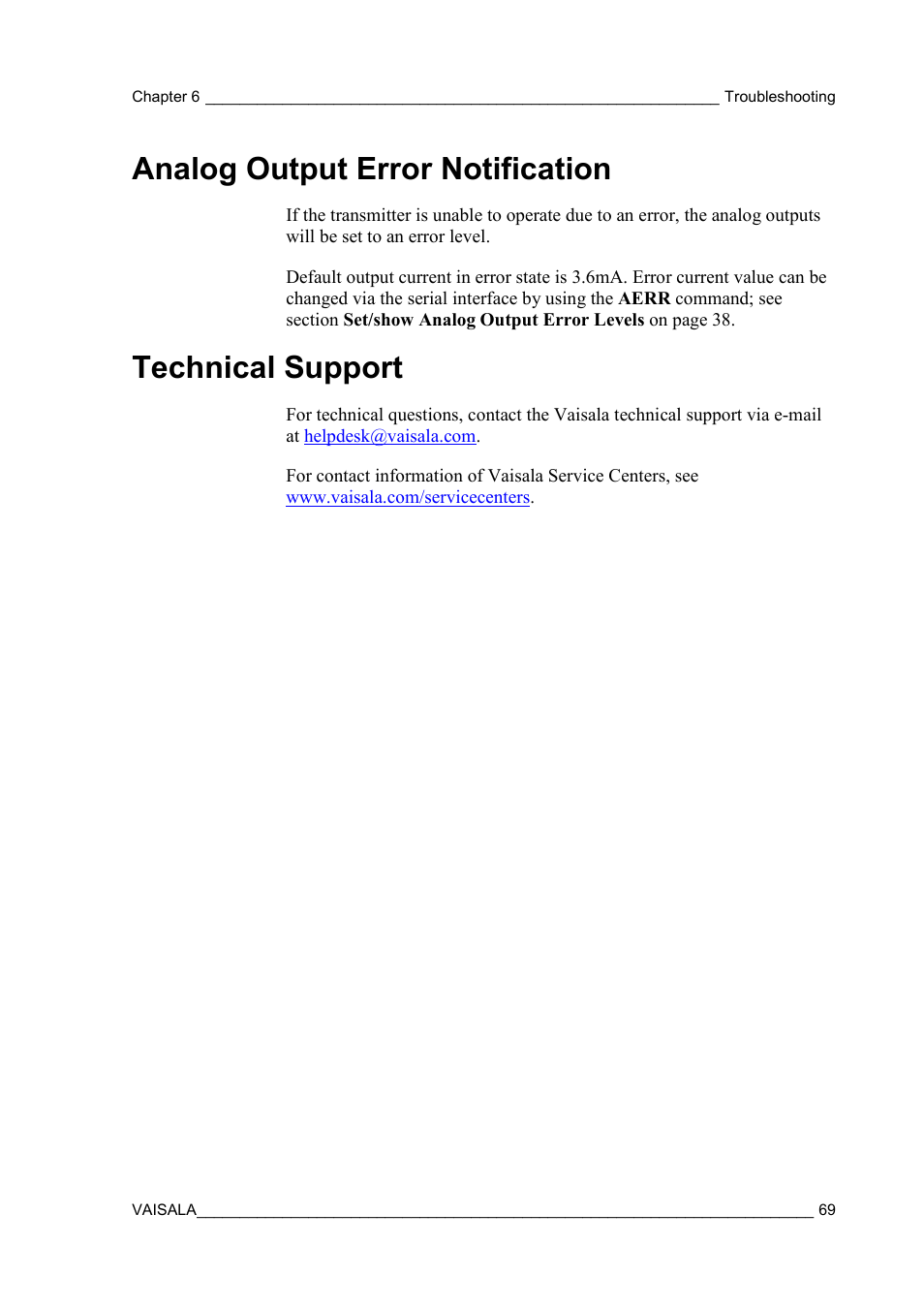 Analog output error notification, Technical support | Vaisala HMT120 User Manual | Page 71 / 87