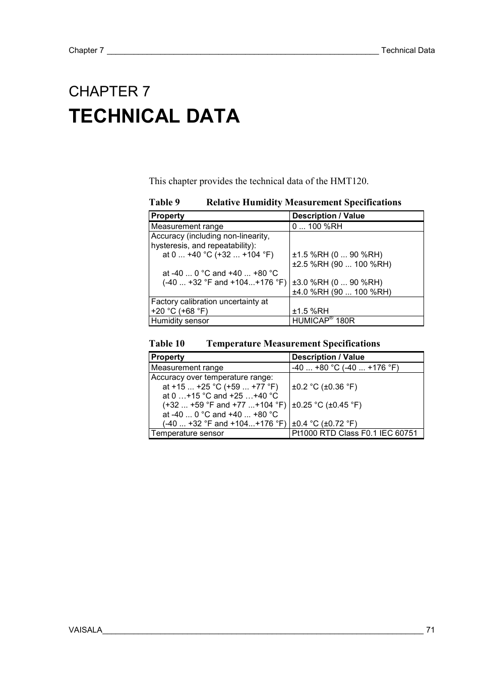 Technical data, Chapter 7, Table 9 | Relative humidity measurement specifications, Table 10, Temperature measurement specifications, Chapter 7, technical data | Vaisala HMT120 User Manual | Page 73 / 87