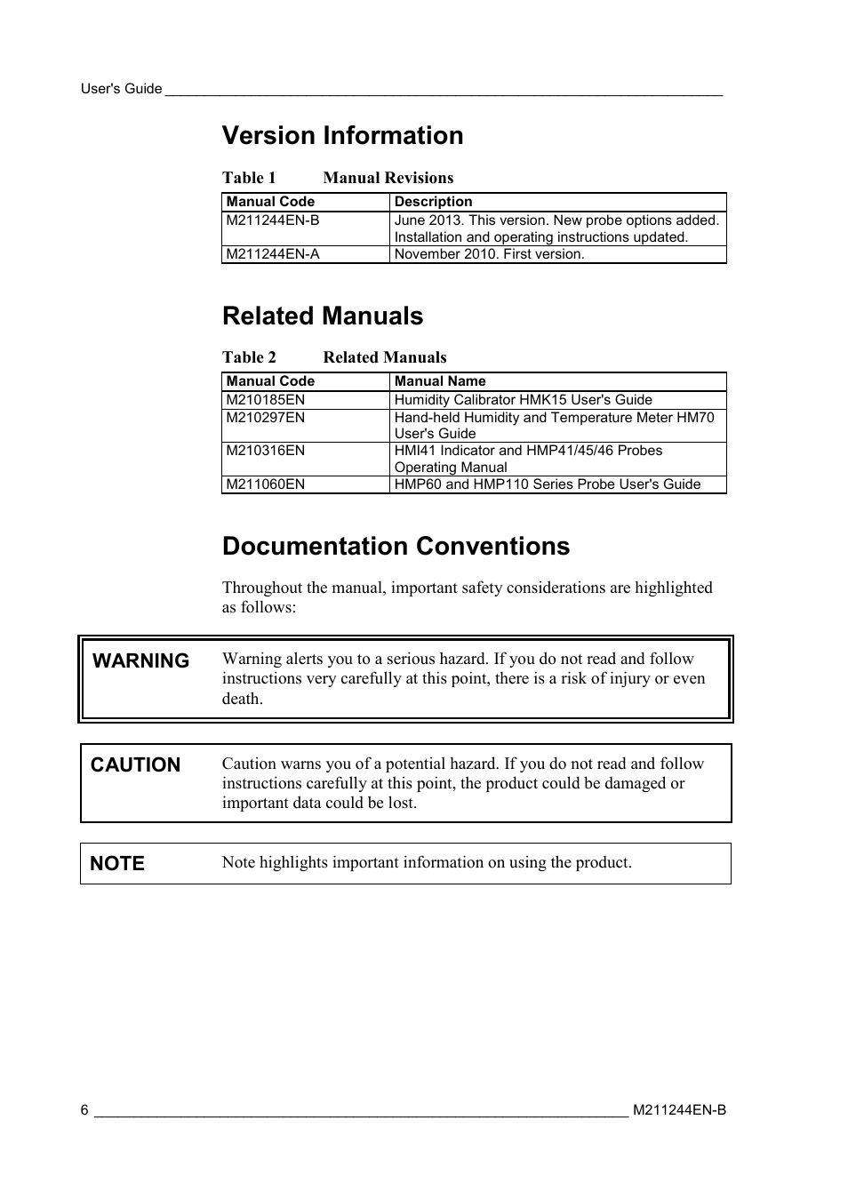 Version information, Related manuals, Documentation conventions | Table 1, Manual revisions, Table 2, Warning, Caution | Vaisala HMT120 User Manual | Page 8 / 87