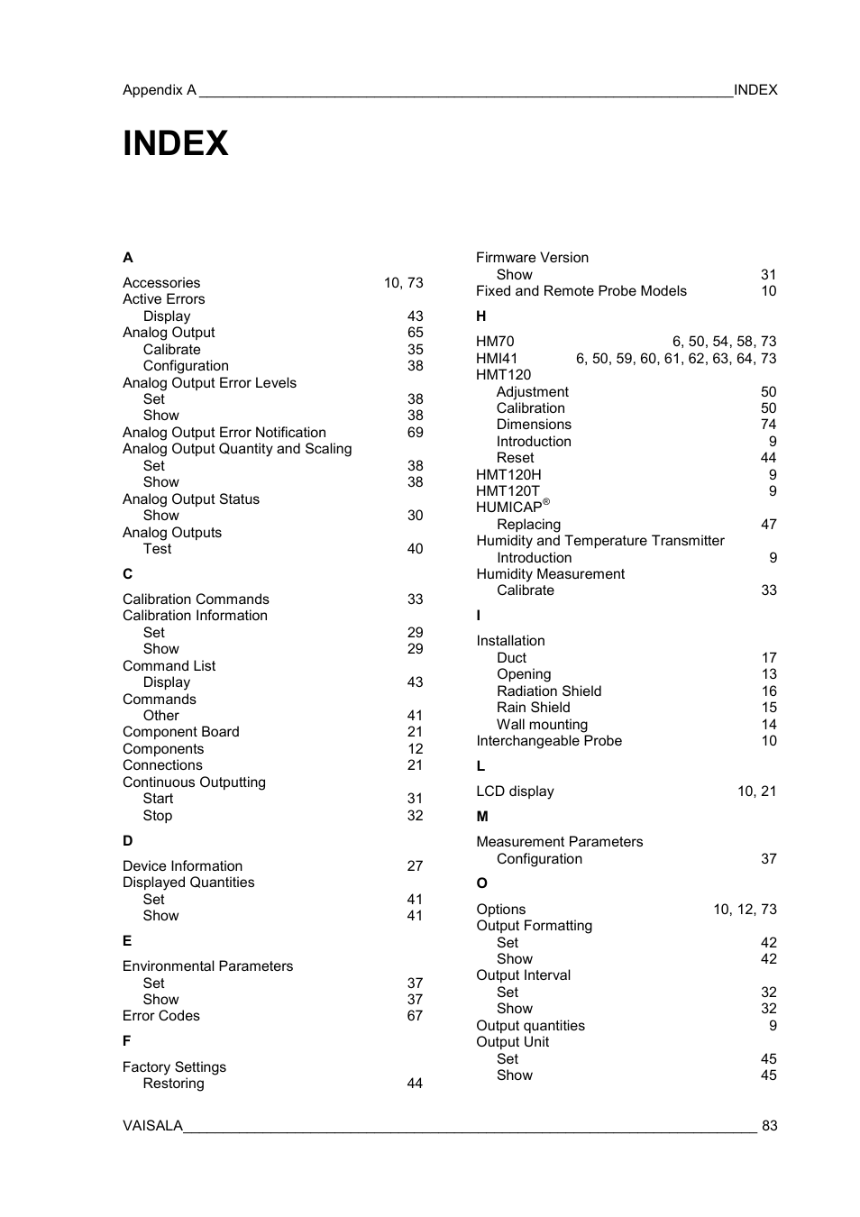 Index | Vaisala HMT120 User Manual | Page 85 / 87