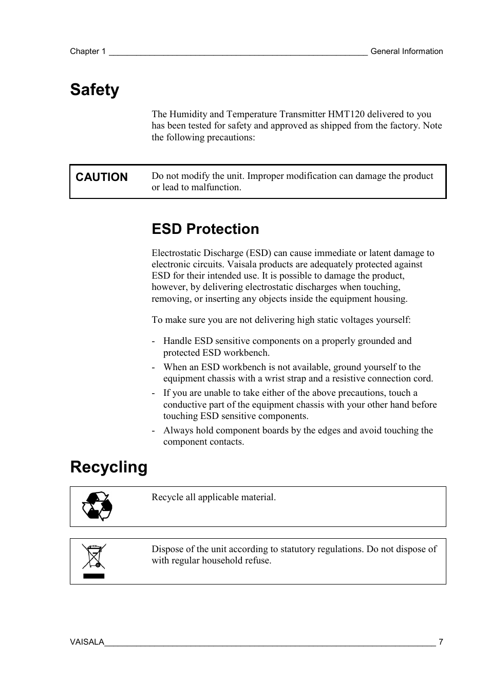 Safety, Esd protection, Recycling | Vaisala HMT120 User Manual | Page 9 / 87