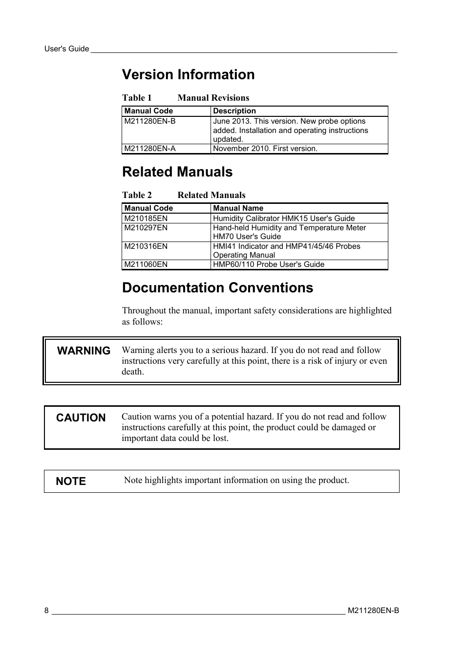 Version information, Related manuals, Documentation conventions | Table 1, Manual revisions, Table 2, Warning, Caution | Vaisala HMT130 User Manual | Page 10 / 95