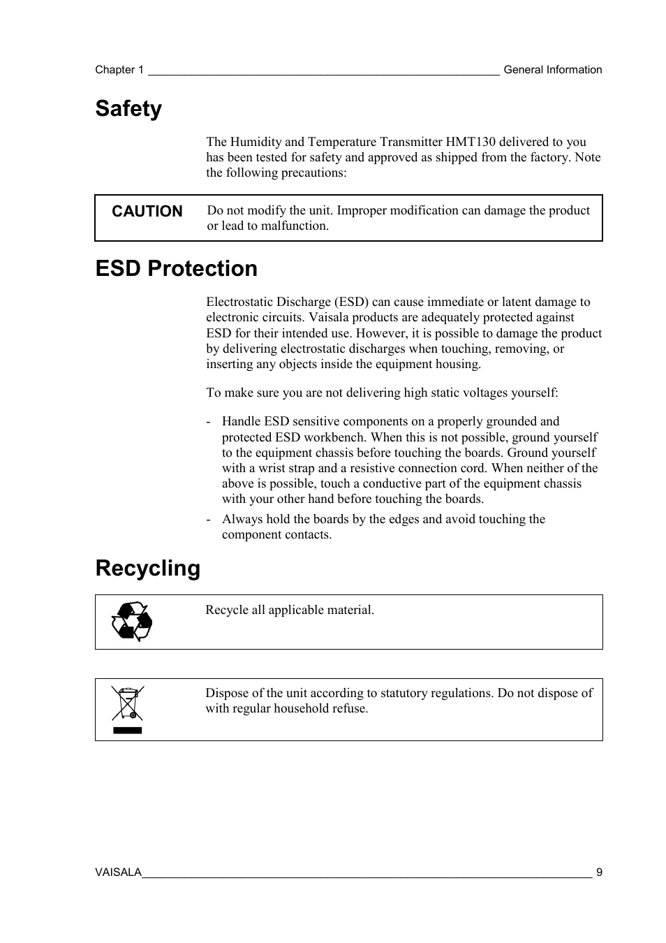 Safety, Esd protection, Recycling | Vaisala HMT130 User Manual | Page 11 / 95
