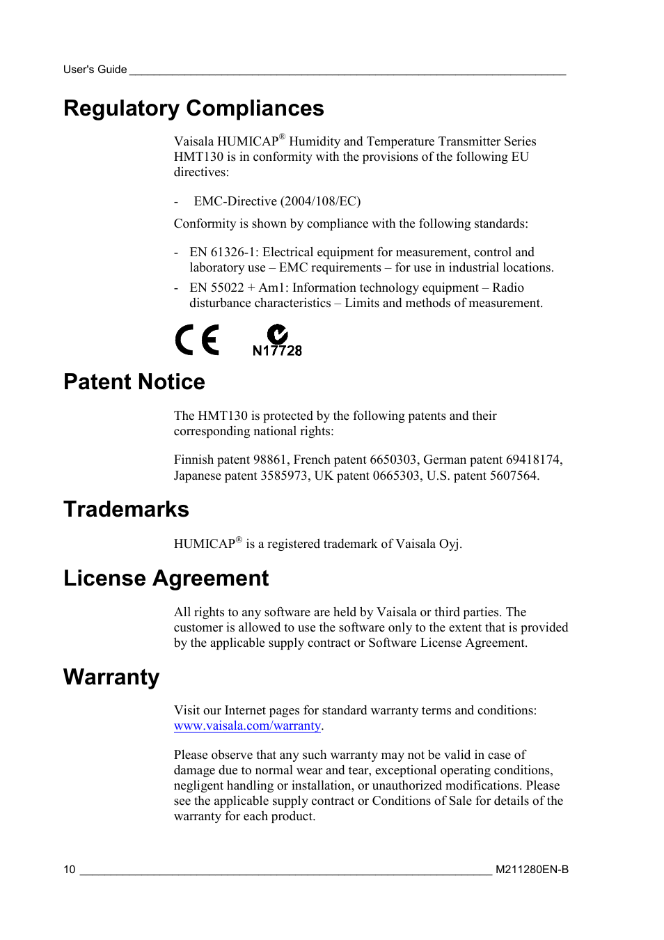 Regulatory compliances, Patent notice, Trademarks | License agreement, Warranty | Vaisala HMT130 User Manual | Page 12 / 95