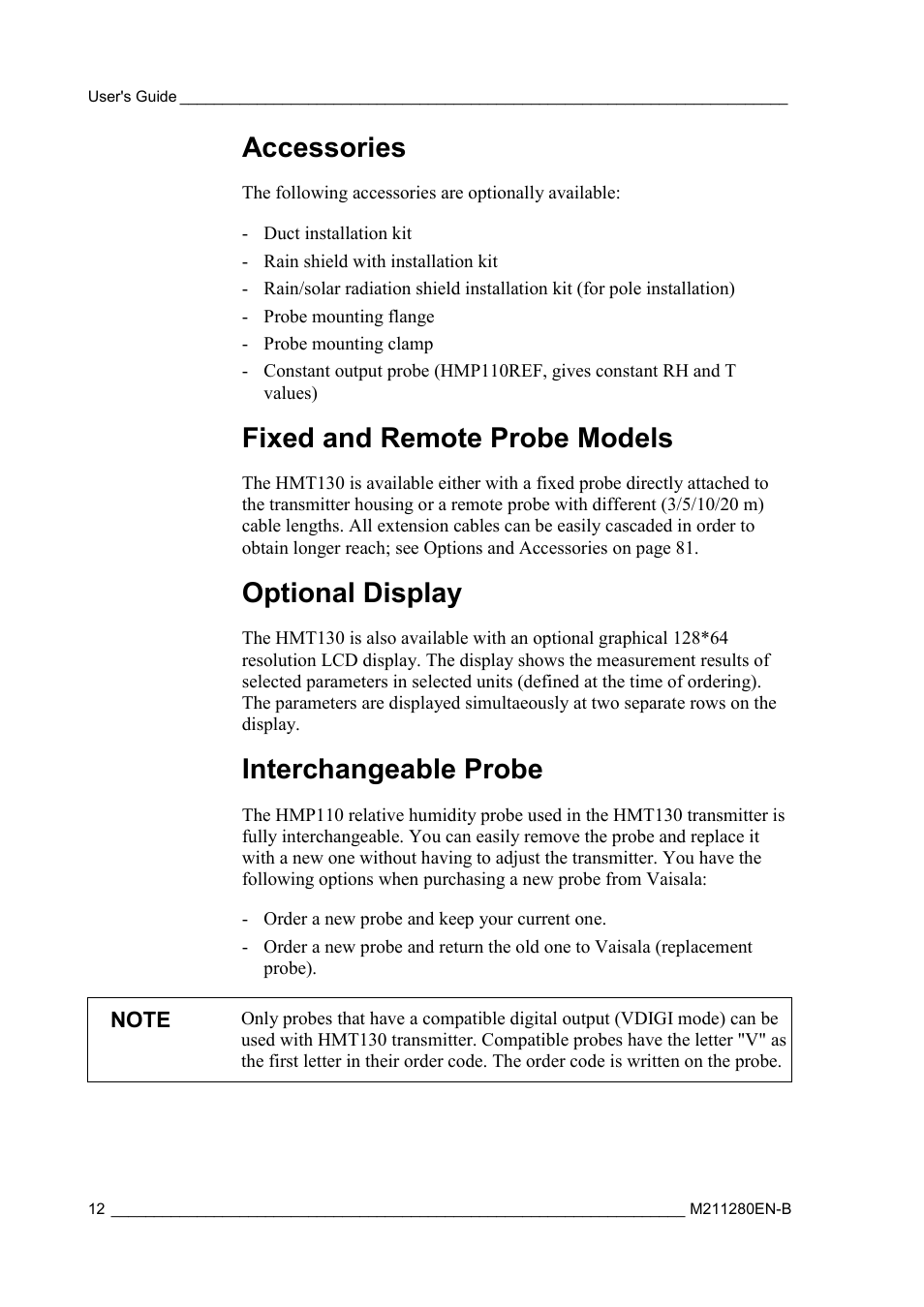 Accessories, Fixed and remote probe models, Optional display | Interchangeable probe | Vaisala HMT130 User Manual | Page 14 / 95