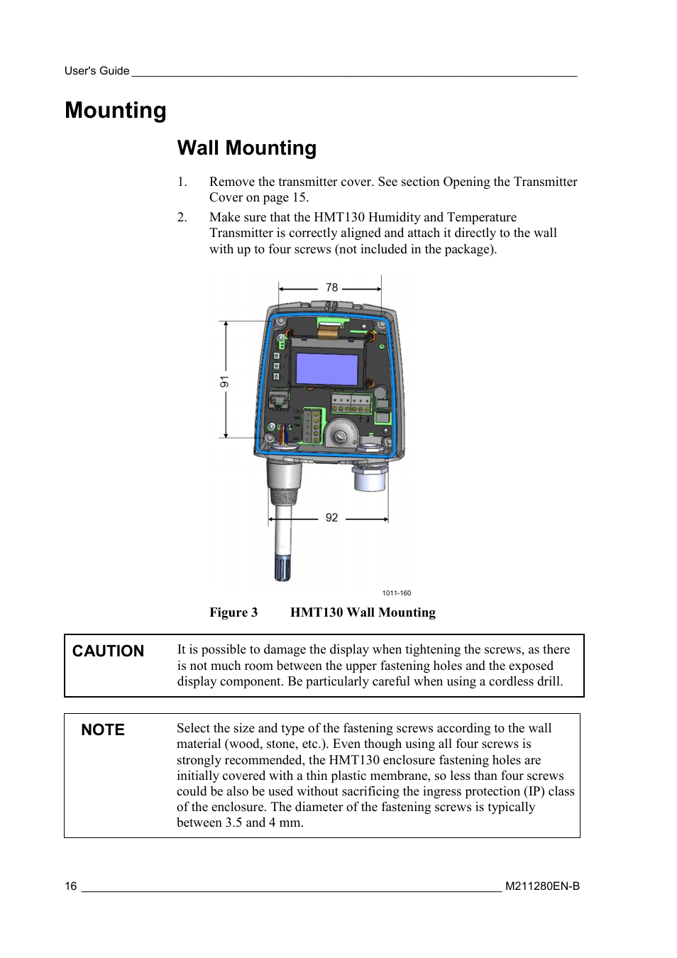 Mounting, Wall mounting, Figure 3 | Hmt130 wall mounting | Vaisala HMT130 User Manual | Page 18 / 95